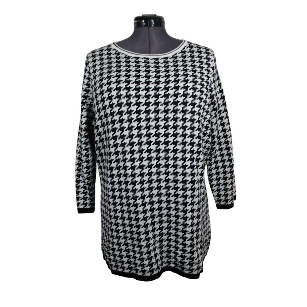 Alia women's large black white houndstooth round neck knit pullover sweater 1X